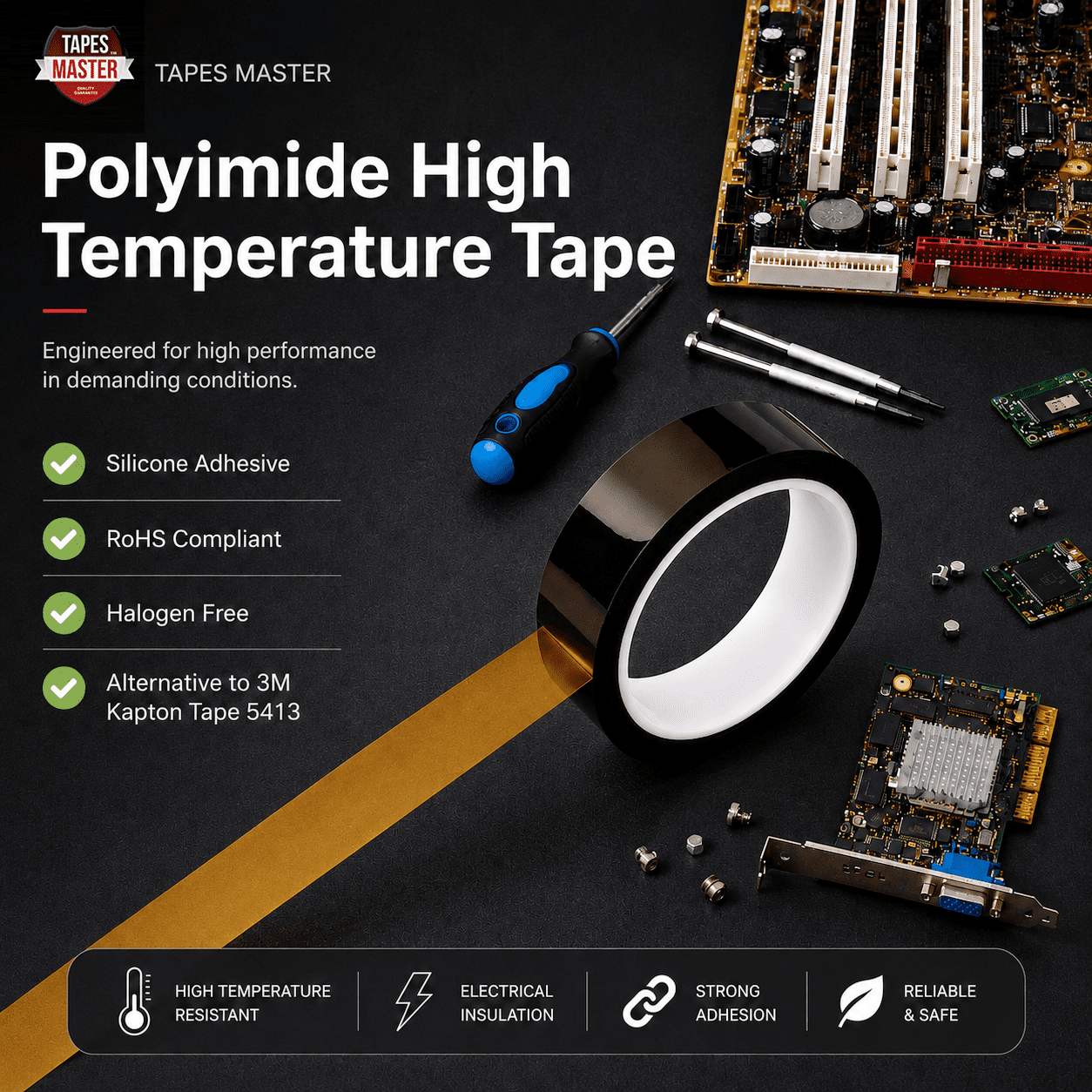 Tapes Master 1 Mil 3/8 inch x 36 Yds Kapton Tape -  Amber Polyimide High Temperature Tape