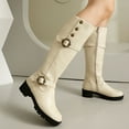 thumbnail image 3 of Rokment Platform Knee High Motorcycle Riding Boots for Women Vintage Fashion Studded Buckles Leather Chunky Mid Heel Wide Calf Long Tall Dress Combat Boots Beige Size 6, 3 of 6