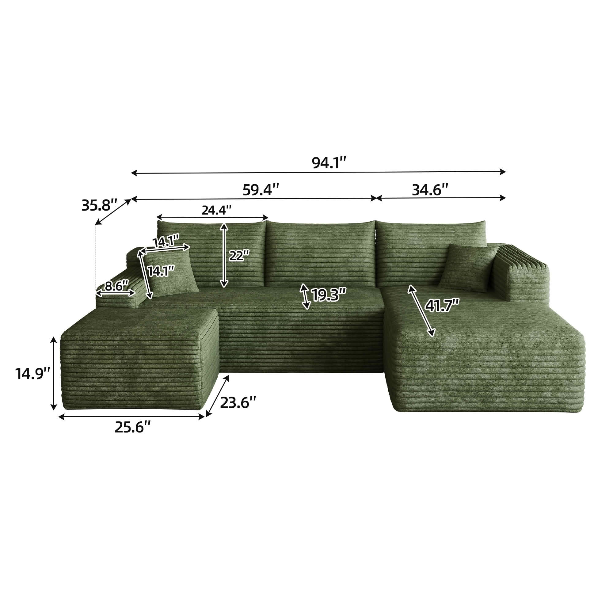 MAYEERTY 95" Cloud Sectional Sofa with Ottoman, U-Shaped Corduroy Deep Seat Couch, No Assembly for Living Room, Green