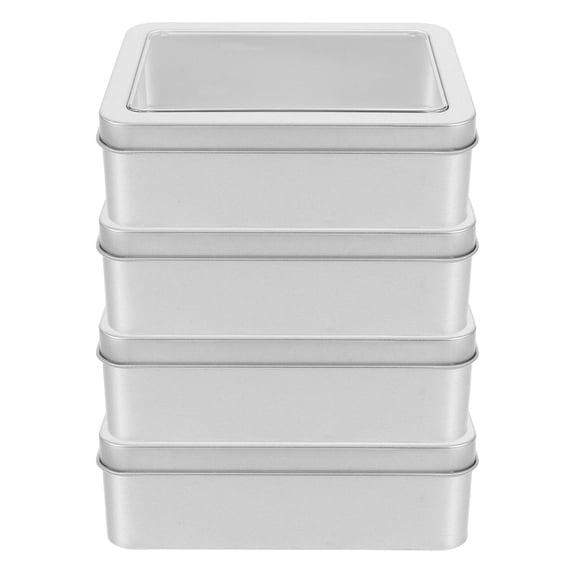 Amosfun 4Pcs Holiday Tins with Lids Silver Rectangular Metal Container with Window