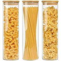 Glass Spaghetti Pasta Storage Container with Lid 47oz, Tall Clear Airtight Food Storage Jar with Bamboo Lid Kitchen Pantry Storage Container for Noodles Flour Cereal Coffee Beans, Set of 3