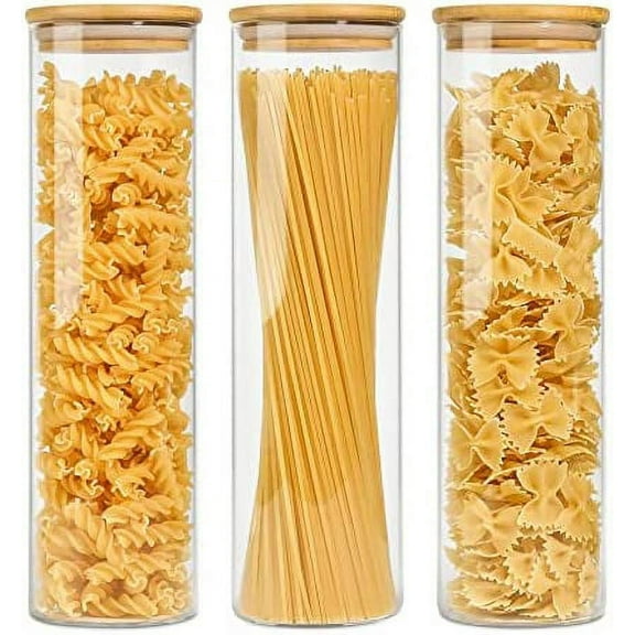 Glass Spaghetti Pasta Storage Container with Lid 47oz, Tall Clear Airtight Food Storage Jar with Bamboo Lid Kitchen Pantry Storage Container for Noodles Flour Cereal Coffee Beans, Set of 3