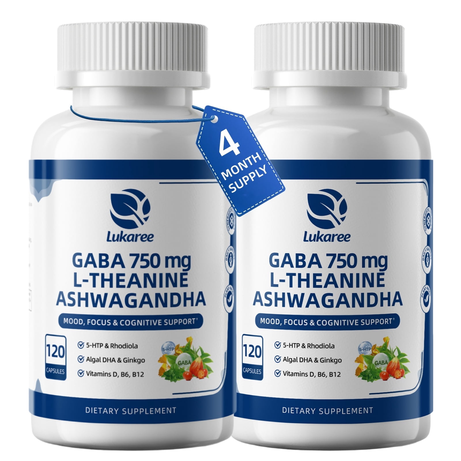 (2 PACK)GABA Supplements 750mg with L-Theanine, 5-HTP, Ashwagandha, Omega-3, Ginkgo Biloba, GABA Capsules for Sleep, Focus, Mood Support, Cortisol Balance - 120 Day Supply