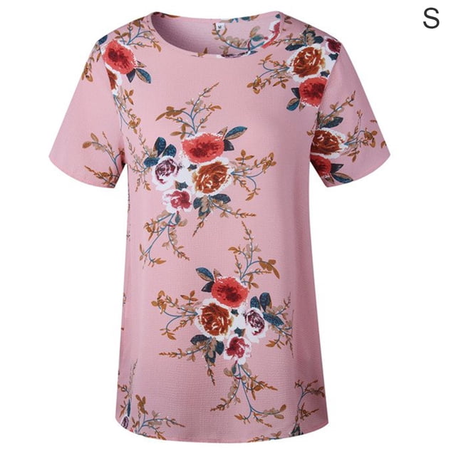 Camiseta de mujer con estampado floral, manga corta, cuello redondo, blusa informal, rosa, S Methold AP001919-01