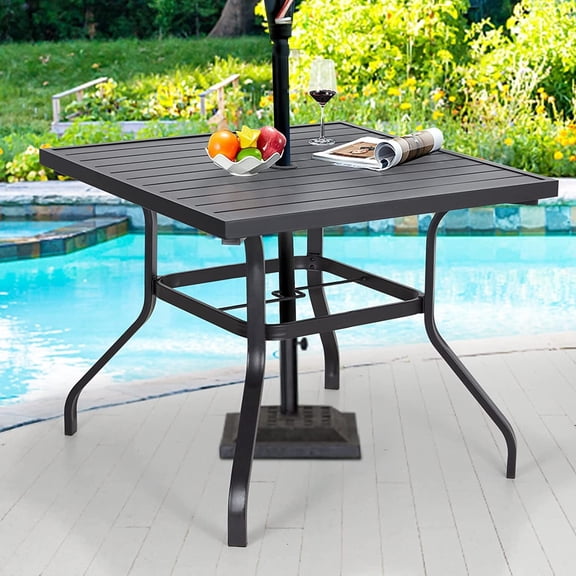 Outdoor Dining Table with Umbrella Hole Metal Patio Table Square Table Black
