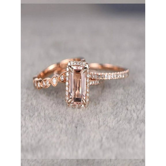 Limited Time Sale 2 Carat Morganite And Diamond Moissanite Trio Ring Set In 10K Rose Gold With One Engagement Ring And 2 Wedding Bands
