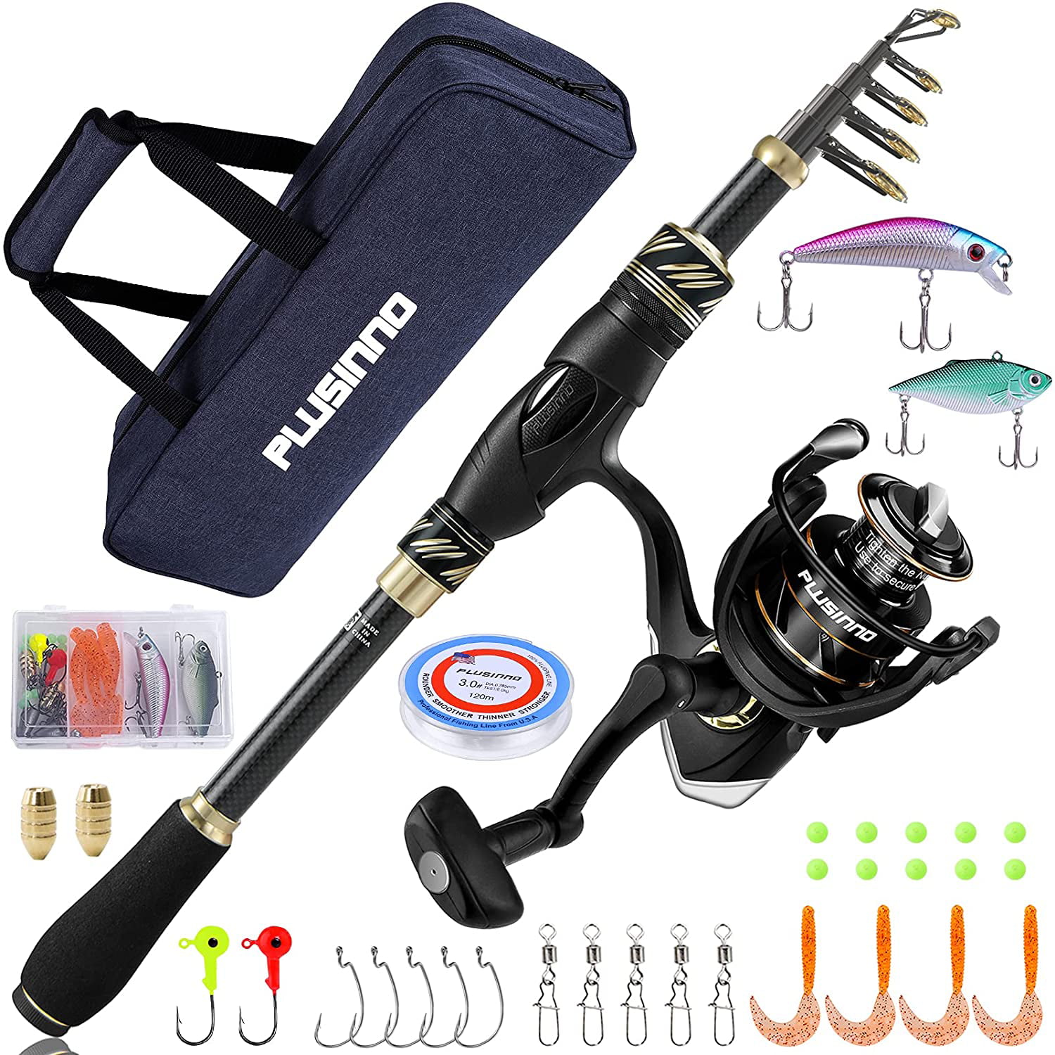 PLUSINNO Spin Spinning Rod and Reel Combos Carbon Telescopic Fishing Rod with Reel Combo Sea Saltwater Freshwater Kit Fishing Rod Kit