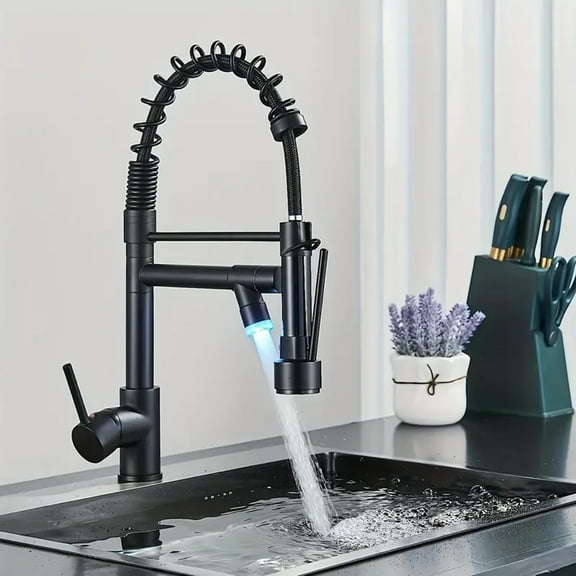 Black LED Kitchen Faucet Sink Mixer Faucet Single Handle Pull Down Sprayer Taps