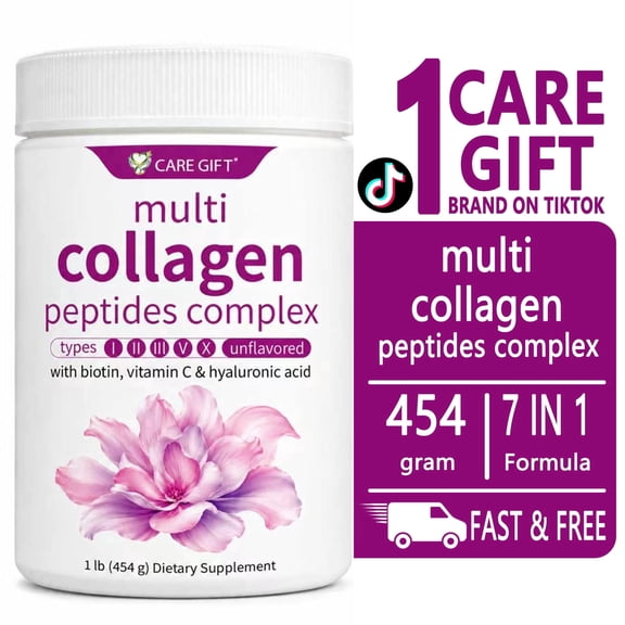 CARE GIFT Multi Collagen Peptides Powder 1lb Hydrolyzed Type I II III V X Collagen with Biotin, Vitamin C & Hyaluronic Acid, GMO & Gluten Free Supplement for Skin Hair Nails Joint Health