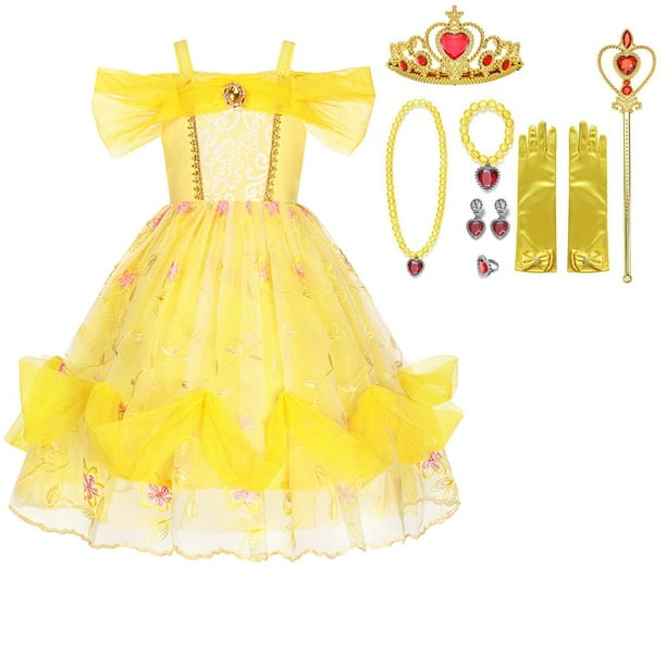 Vestido de princesa Bella La Bella y La Bestia Cosplay vestidos de ninas para fiesta de lujo disfraz de ninos guantes de corona rosa ropa para ninos 7 8T Gao Jinjia LED