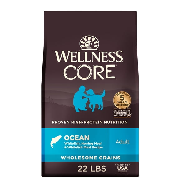Wellness CORE Dry Dog Food, Wholesome Grains, High Protein, Natural, Ocean Whitefish & Herring Recipe, (22-Pound Bag)