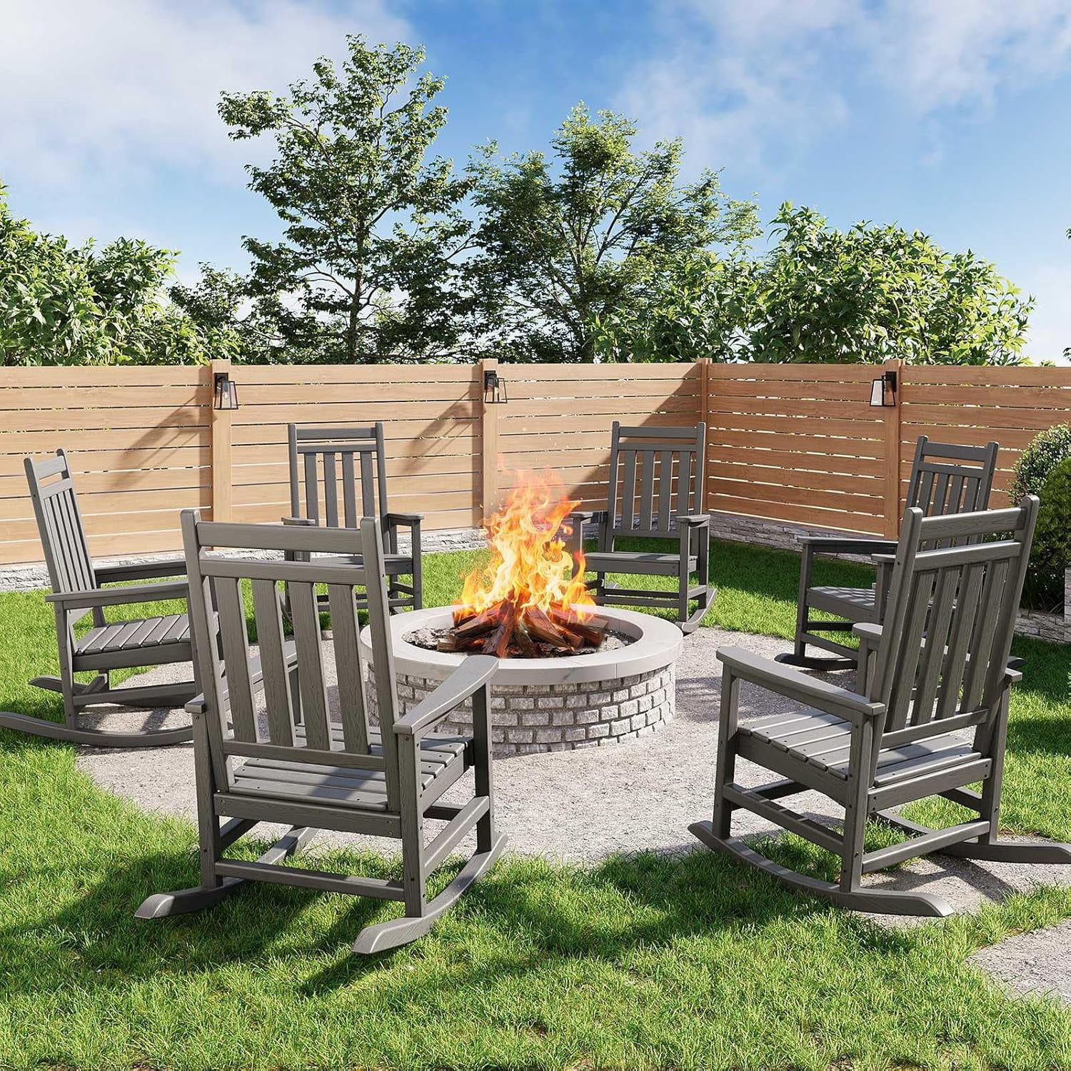 IdealHouse HDPE Weather-Resistant Rocking Adirondack Chair - 380LBS Heavy Duty, No Complex Assembly, Wood-Grain - Patio/Lawn/Outdoor (White, 2pcs)