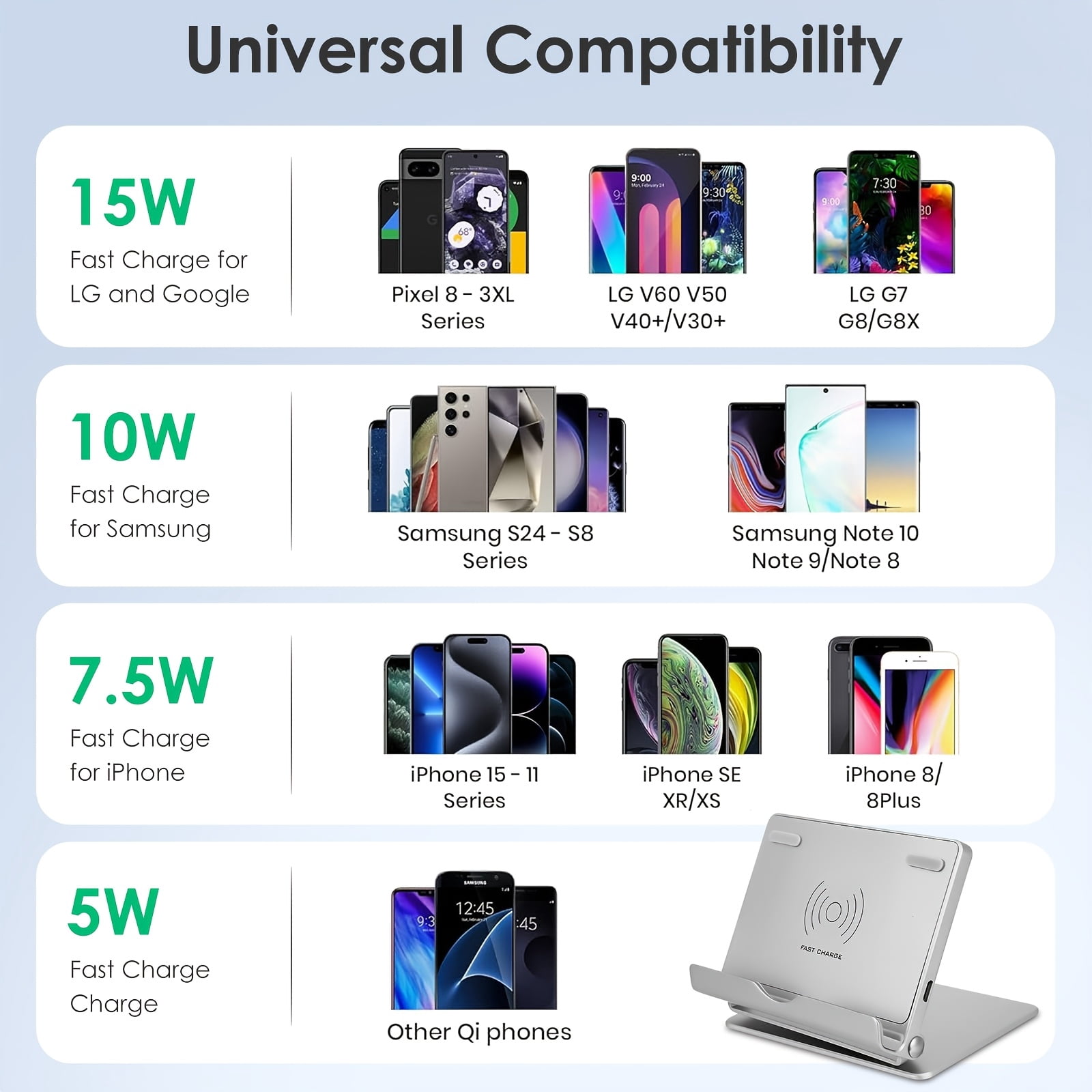 15W Wireless Fast Charger Phone Stand, 360° Rotatable Zinc Alloy Holder for iPhone 16, Samsung Galaxy S24/S23/S22, Google Pixel 9 Pro/8a/7 Pro
