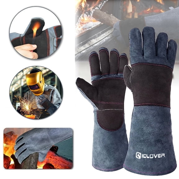 IC ICLOVER Leather Forge/Mig/Stick Welding Gloves Heat/Fire Resistant, Mitts for Oven/Grill/Fireplace/Furnace/Stove 16 inches Gray