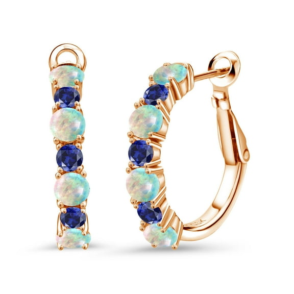 Gem Stone King 18K Rose Gold Plated Silver White Opal and Blue Created Sapphire Hoop Earrings for Women (5.12 Cttw, Gemstone October Birthstone, Round Cabochon 4MM and 3MM)