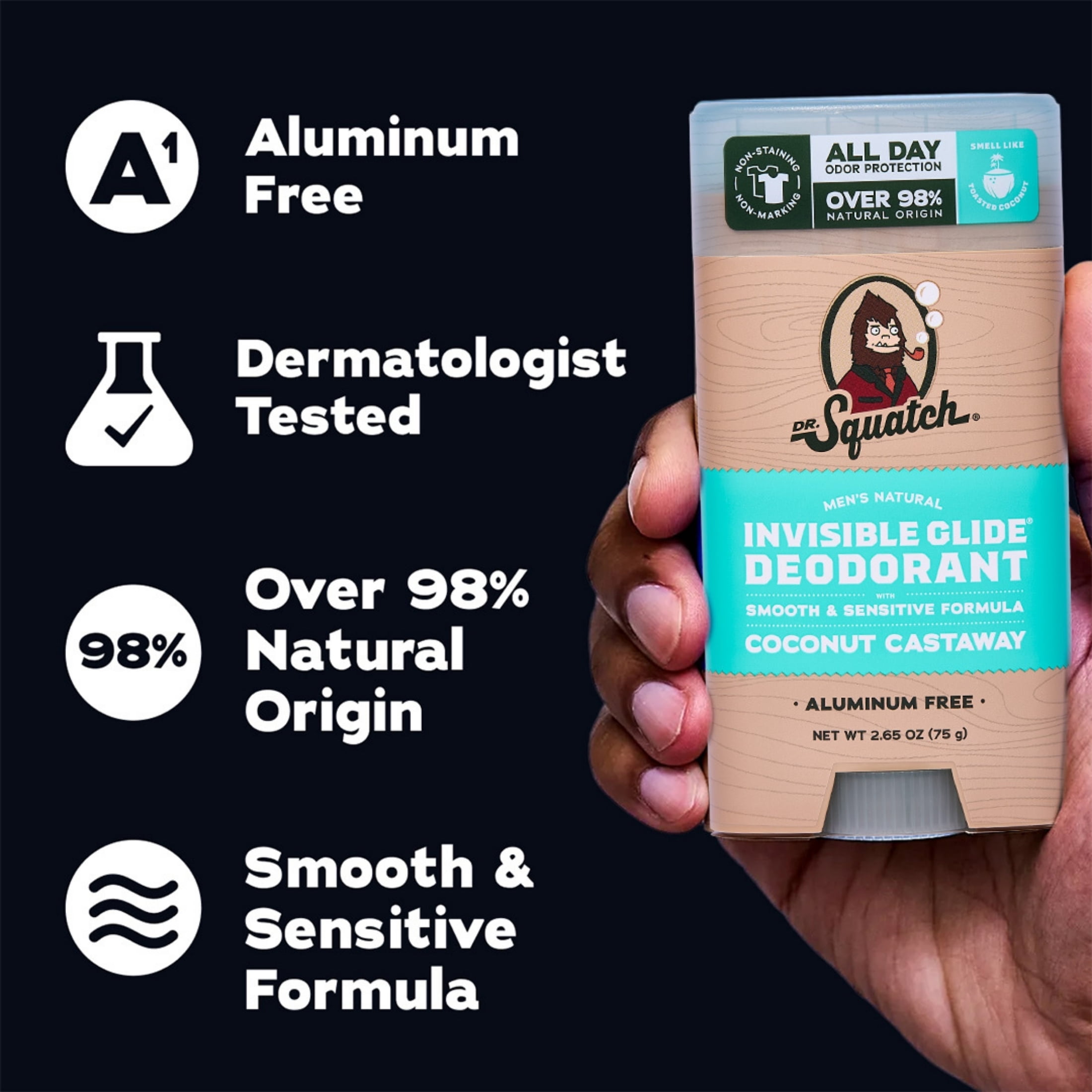 Dr. Squatch Mens Invisible Glide Deodorant Stick, Natural Aluminum Free Deodorant for Men, Coconut Castaway, 2.65 Oz