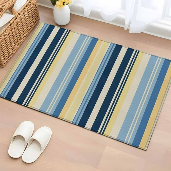 Blue Yellow Striped Bathroom Rug Washable 2x3 Entryway Rug Non Slip Farmhouse Stripes Vintage Front Door Mat Low Pile Indoor Doormat Throw Floor Carpet for Kitchen Bedroom Entrance
