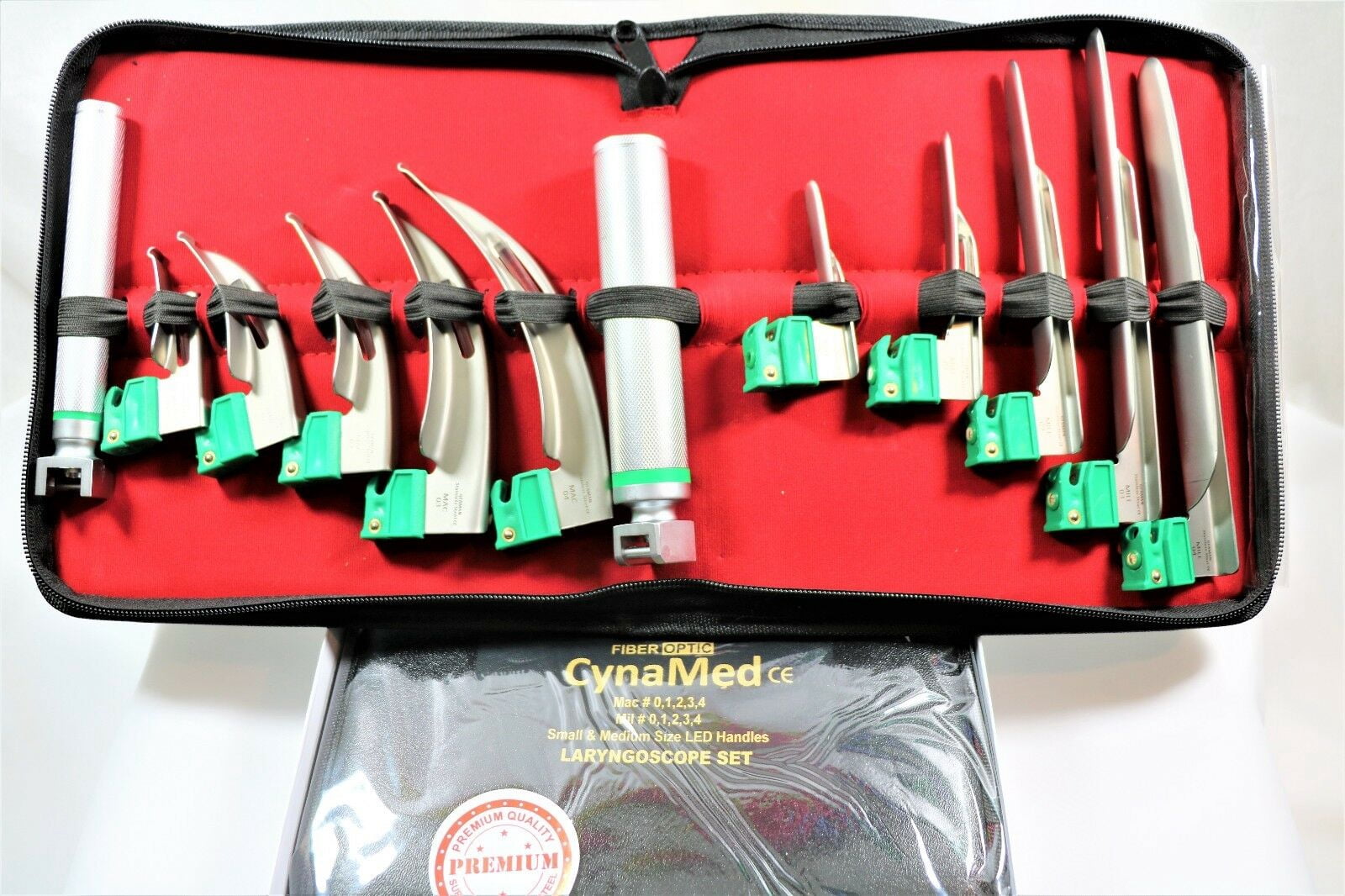 SET OF 12 FIBER OPTIC MAC & MILLER LARYNGOSCOPE BLADE+ HANDLE INTUBATON Kit 01 Dkzy