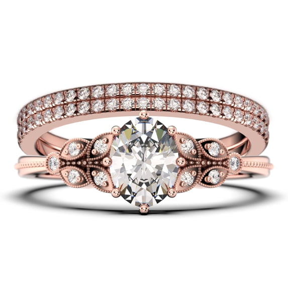 Gorgeous Boho & hippie 2.25 Carat Oval Cut Vintage Look Diamond Moissanite Engagement Ring Set, Wedding Ring in 925 Sterling Silver With 18k White Gold Plating, Trio set