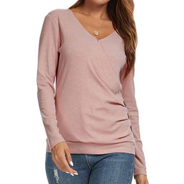 Women Wrap Front Side Buttons Long Sleeve V Neck Plain Shirt