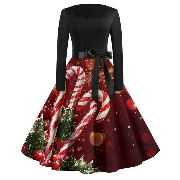 Christmas Dresses for Women Women's Casual Fashion Printed Retro Square  Neck Long Sleeve Dress with AI Christmas Print for Holiday Party,Wine,M
