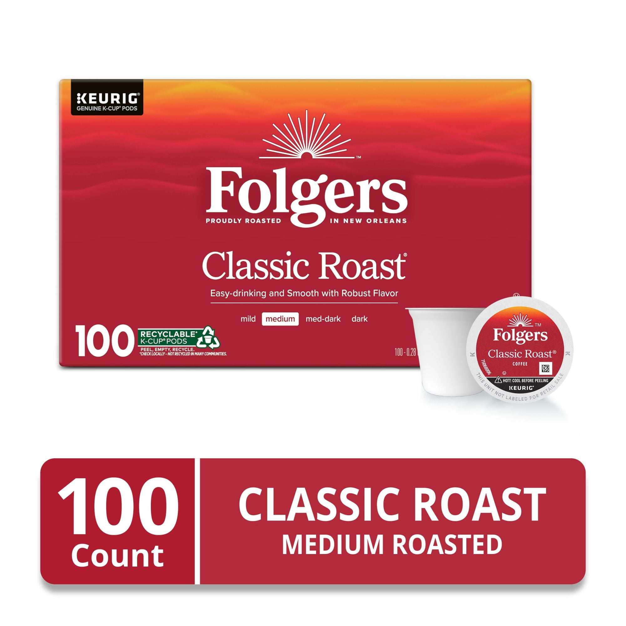 Folgers Classic Roast, Medium Roast Coffee, Keurig K-Cup Pods, 100 Count Box