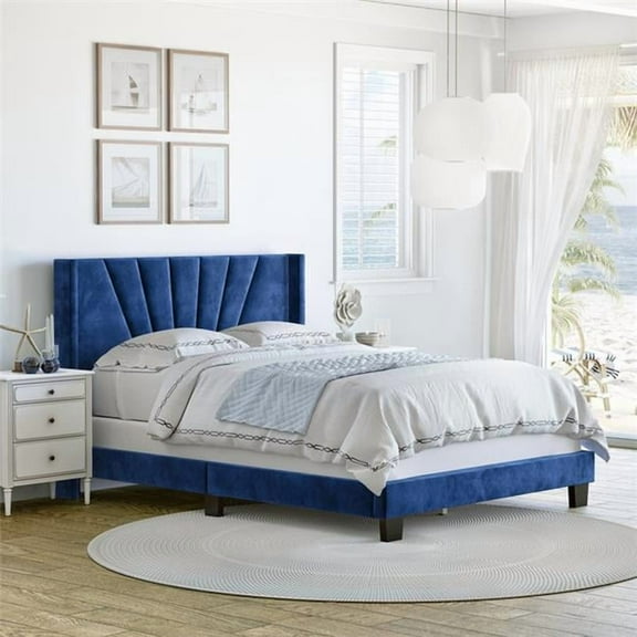 Sleep Sync  Valentina Upholstered Velvet Platform Bed Frame Blue Queen