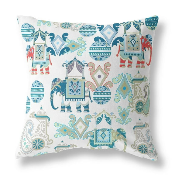 18" Elephant Howdah Broadcloth Blown and Closed Pillow in Blue White Fabric