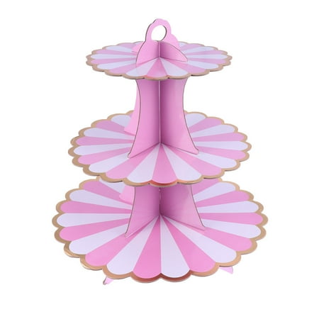 

3-Layers Cake Rack Beautiful Disposable Paper Cake Rack Paper Birthday Party Supplies Foldable Three Layers Dessert Table(Pink and White)