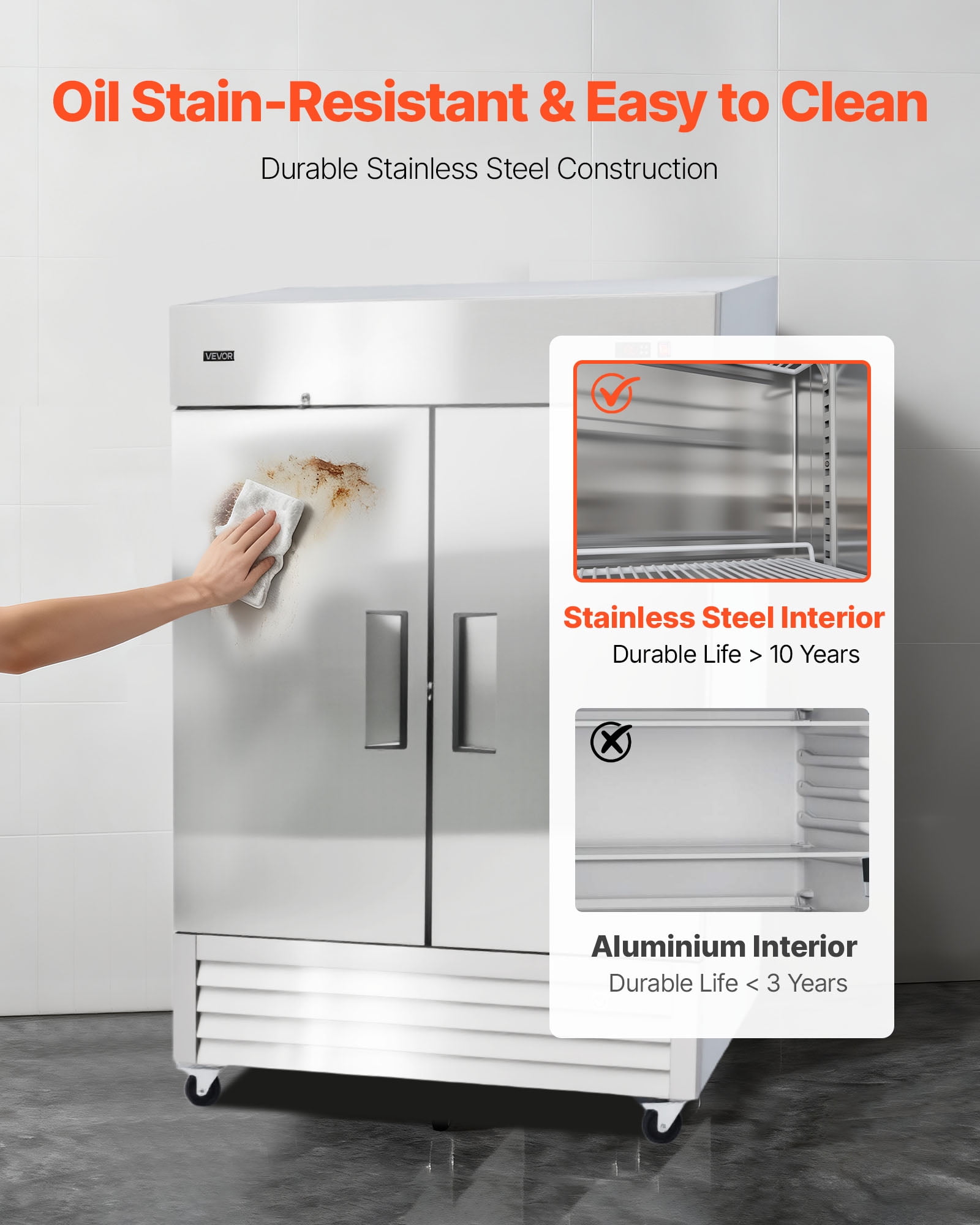 VEVOR Commercial Reach-In Refrigerator 54" W, 44 Cu.Ft Stainless Steel Upright Refrigerator with Double Doors, Auto-Defrost, 8 Adjustable Shelves, 32 to 50℉ Temp Control, ETL Certified