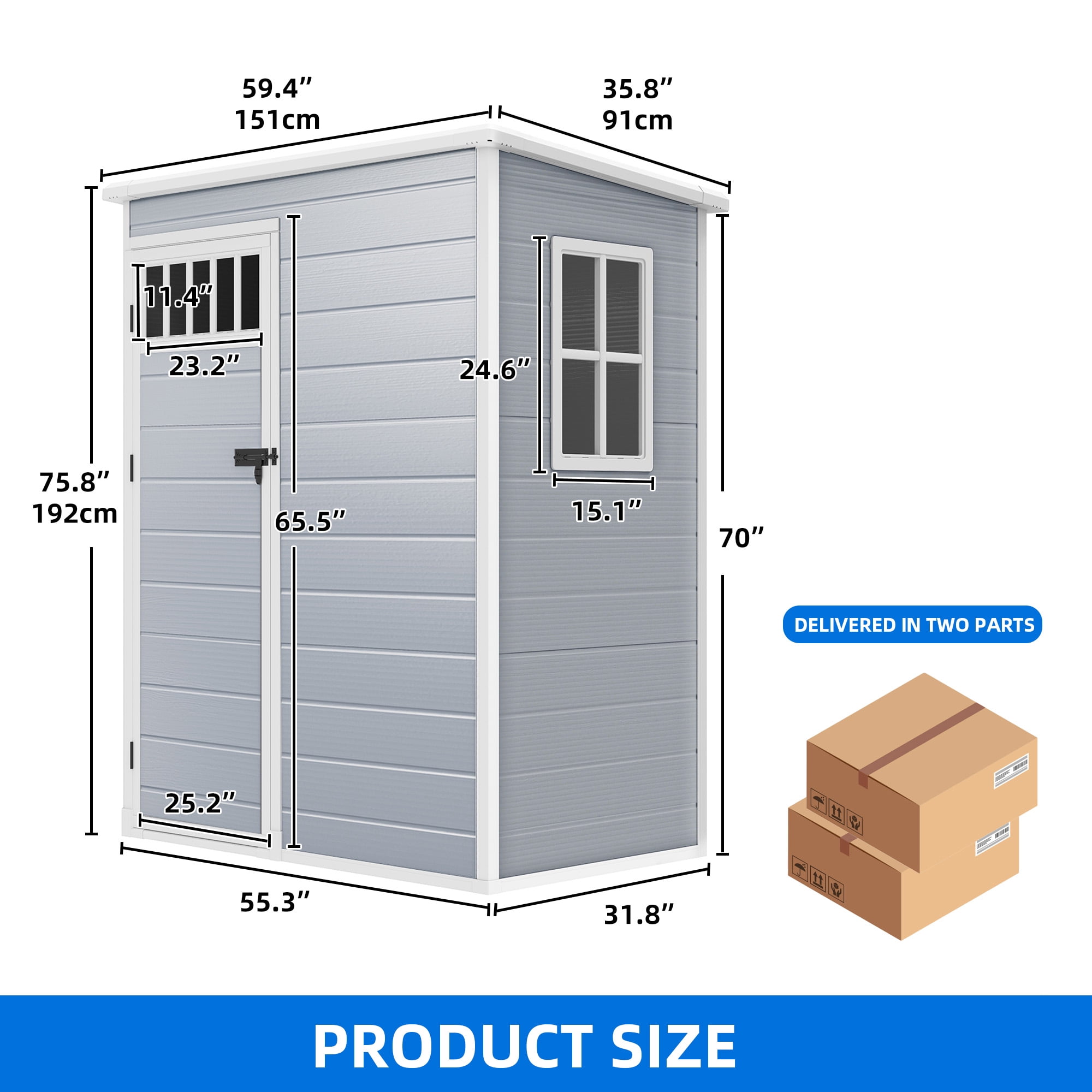 Uforic 5x3FT Outdoor Storage Shed with Windows, Floor, Lockable Doors, Waterproof Plastic, Gray