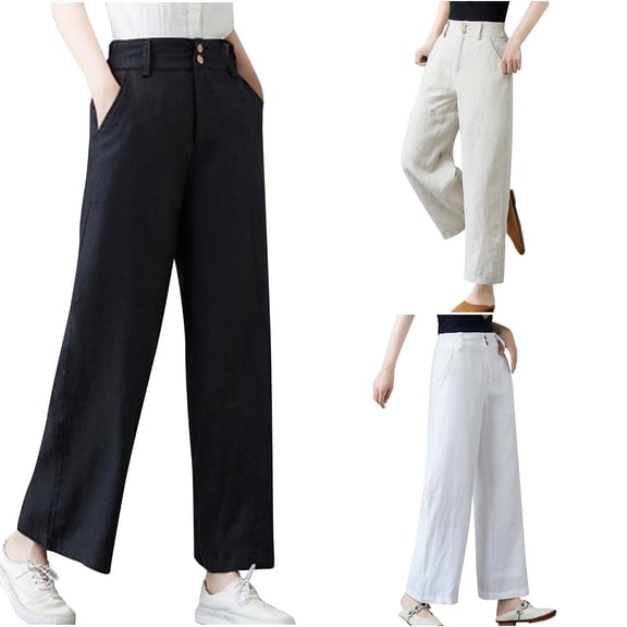 Yxbdin Womens Straight Linen Pants Loose Fit Button Up Elastic Waisted Slacks Wide Leg Business Casual Trousers Solid Summer Pants White XXL