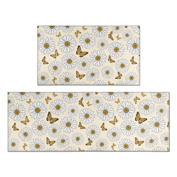 Daisy Pioneer Flower and Butterflies Anti Fatigue Kitchen Rugs Set Of 2, Non Slip Washable Decorative Floor Mats for Kitchen Sink Laundry, 17"x30" and 17"x47"