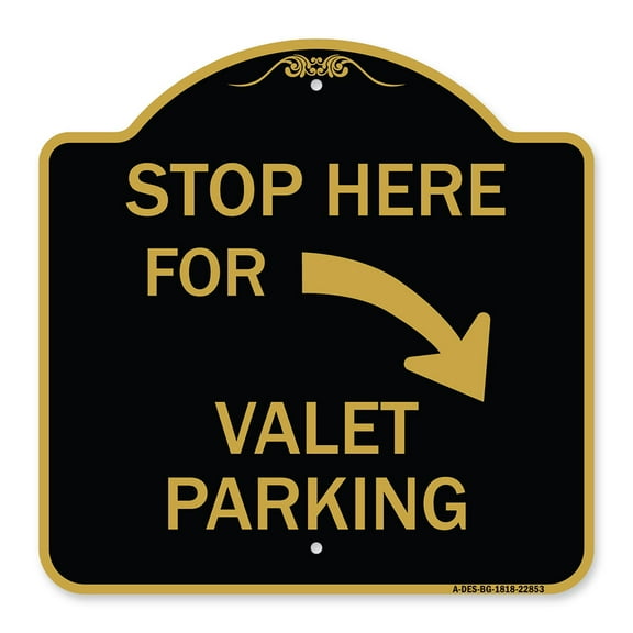 SignMission Designer Series Sign - Stop Here for Valet Parking (Right Arrow) | Black & Gold 18" X 18" Heavy-Gauge Aluminum Architectural Sign | Protect Your Business & Municipality |