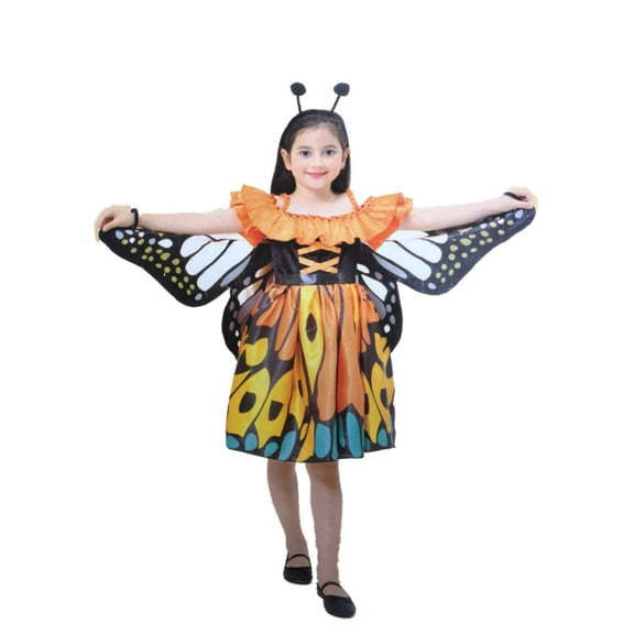 Girls Little Orange Butterfly Halloween Costume Dress Wings Headband Small 4-6