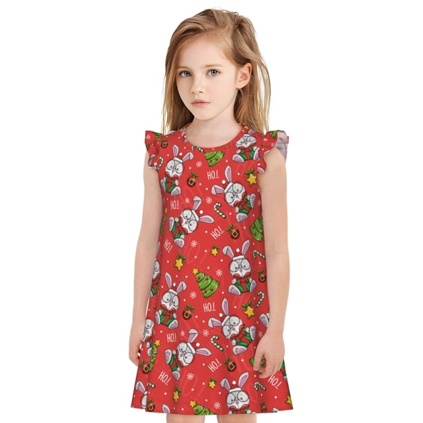 Fotbe Cute Christmas Bunny Vestido de Dormir para Niñas de 3 a 10 Años, Mangas Cortas, Estilo Princesa, Pijama Camisón con Mangas Voladas-Medium