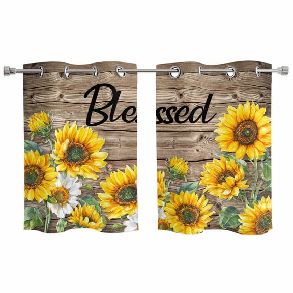 2 Panels Kitchen Tier Curtains 39 Inch Length, Yellow Sunflowers Grommets Window Treatment Curtain, Vintage Country Wood Grain Oil Painting Thermal Curtains Drapes for Living Room/Bathroom