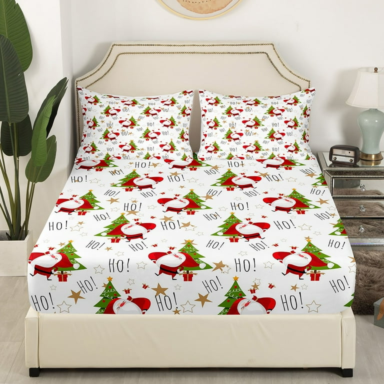 YST Santa Claus Sheet Set Cartoon Christmas Tree Print Bed Sheets Set King for Boys Girls Adults Xmas Father Christmas Sheets Bedroom Collection