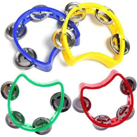 WSERE Set of 4 Plastic Cutaway Tambourine for Kids, Blue Yellow Red Green Musical Percussion