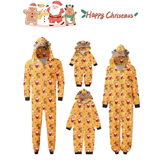 Sunisery Family Christmas Pjs Matching Sets Santa Print Jumpsuit Onesie with Hooded Christmas Pajamas for Family Holiday Xmas Sleepwear