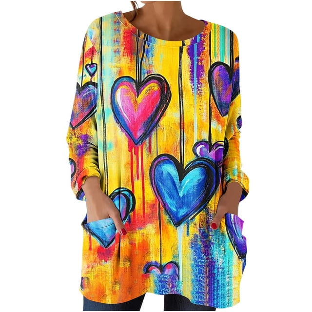 Camiseta de Bolsillo Suelta de Cuello Redondo Impresa Casual de Manga Larga de las Mujeres, Camisetas de Manga Larga de las Mujeres para el Uso Diario