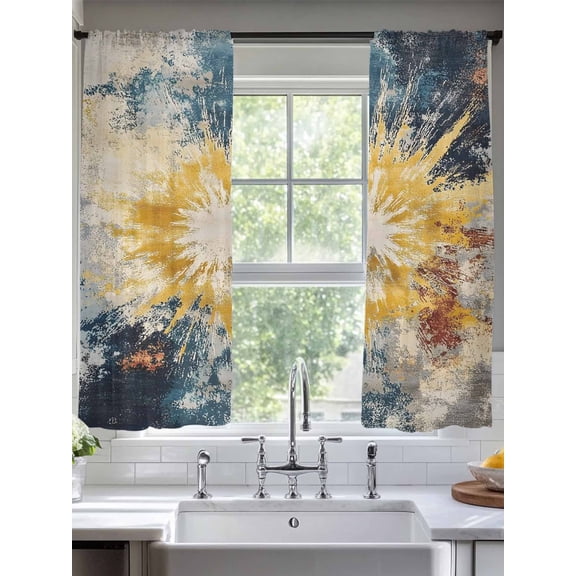 Yellow Vintage Sheer Curtains for Living Room Bedroom Shabby Modern Oil Painting Sheer Curtains 63 Inch Long 2 Panels Set Light Filtering Curtain Window Treatments Drapes for Dining Room