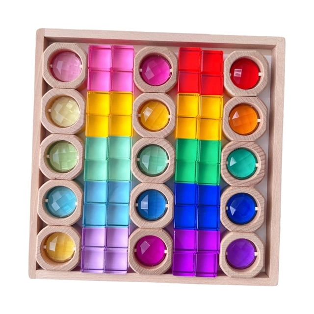Rainbow Building Blocks Set de Cubos Apilables de Acrílico Juego de Bloques Educativos para Aprendizaje Temprano Juguetes Creativos con Almacenamiento en Caja de Madera Adecuado para Niños en