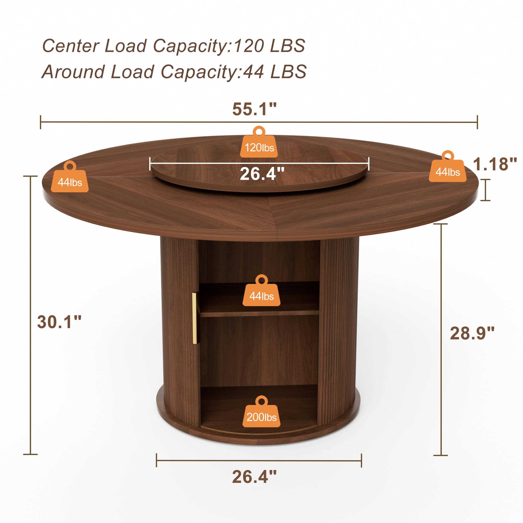 Noble House 55" Round Dining Table for 6, Double-Tier Storage, Rotating Tray, Wavy Sliding Doors, Walnut