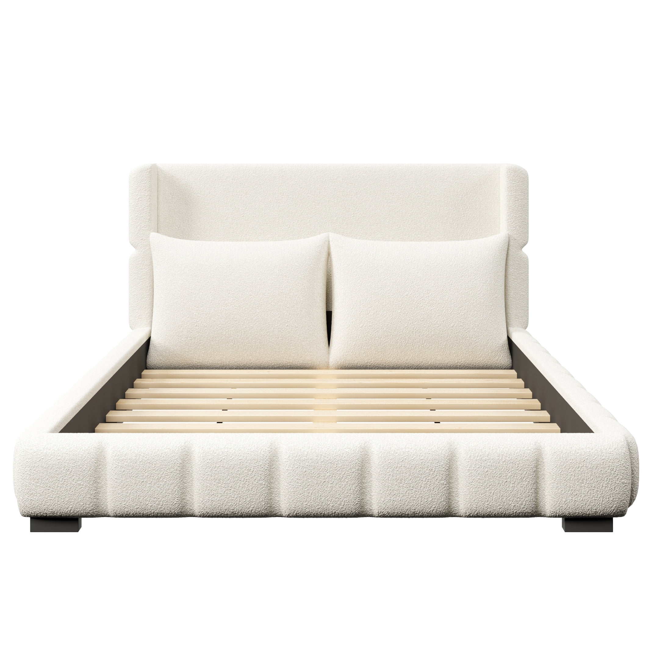 Noble House Rowena Queen Size Velvet Upholstered Platform Bed with Matching Pillows, Sturdy Wood Frame, White