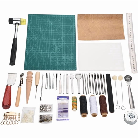 42Pcs Herramienta de artesanía de cuero Juego de costura de bricolaje Kit de perforación Herramientas de costura manual con instrucciones para coser a mano Sillín de cuero DIY Leathercraft