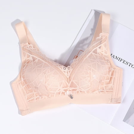 

WHLBF Women s Plus Size Bra Casual Lace Front Button Shaping Cup Shoulder Strap Underwire Extra-Elastic Wirefree Beige L(L)