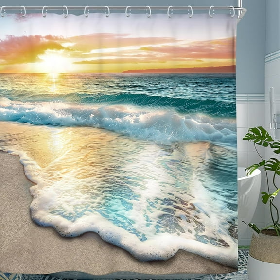 Beach Ocean Themed Shower Curtain Sets for Bathroom, Sunrise Sunset View Scene 71x71 Inch Hawaii Seashore Summer Coastal Seaside Seascape Cloth Fabric Decorative 12 Hooks Waterproof BB-JWXP