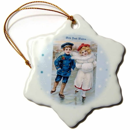 3dRose Vintage Christmas Card Young boy and Girl Iceskating With Best Wishes - Snowflake Ornament, (Best Things To Wish For Christmas)