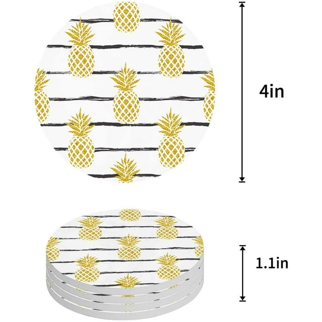 RYLABLUE Ananas Set de 6 Dessous de Verre Ronds pour Boissons, Tapis de Tasse en Céramique Absorbant avec Base en Liège pour la Maison Cuisine Salle à Manger